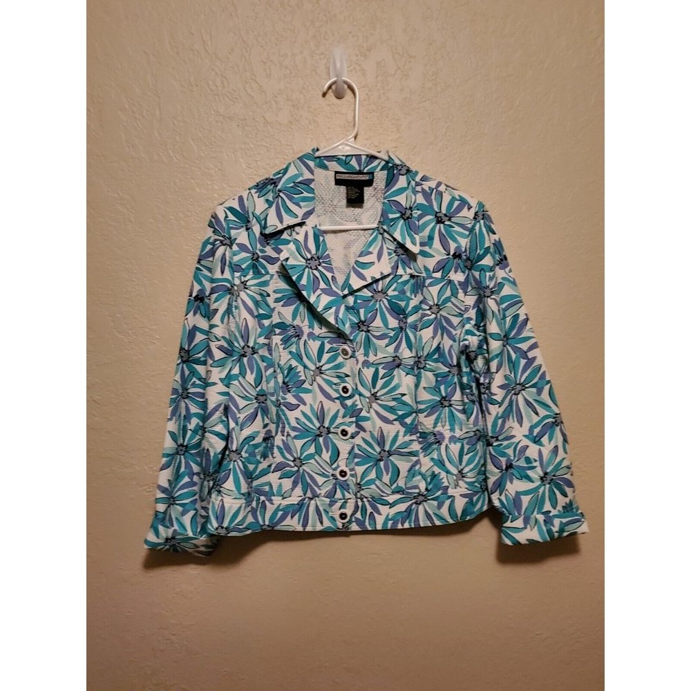 Requirements Womens Blazer Jacket sz 14 Button Front Blue Green Floral